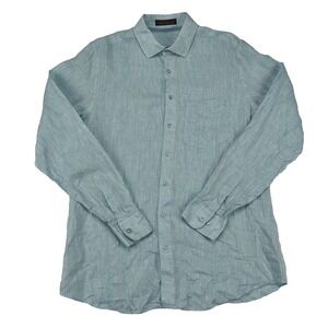 Linen Club Shirt Button Front Long Sleeve Men's M Medium 42" Blue Summer Casual